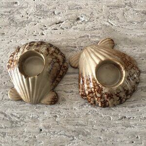 Vintage Ceramic Shell Candle Holders Pottery MCM Decor Brown Drip Glaze Coastal
